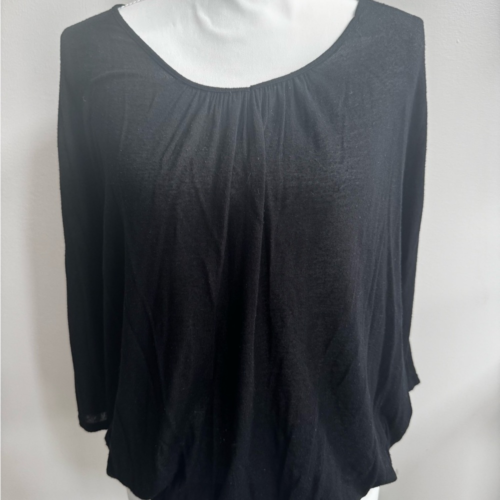 Charming Charlie Black Asymmetrical 3/4 Sleeve Blouse with Lace on the back